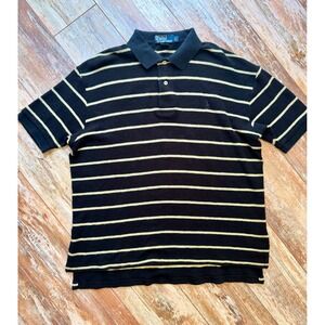 Polo Ralph Lauren Mens L Black Tan Striped Waffle Knit Short Sleeve Polo Shirt